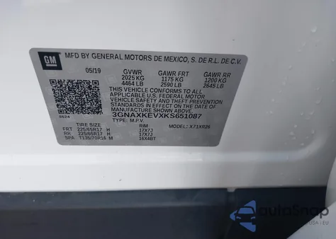 2019 Chevrolet Equinox Lt z USA, uszkodzony, nr VIN 3GNAXKEVXKS651087